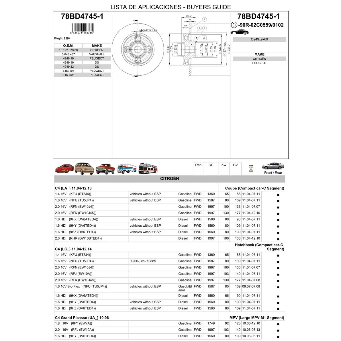 Диск тормозной задний с интегрированным подшипником CITROEN C3/C4/PEUGEOT 207/307 ICER 78BD4745-1