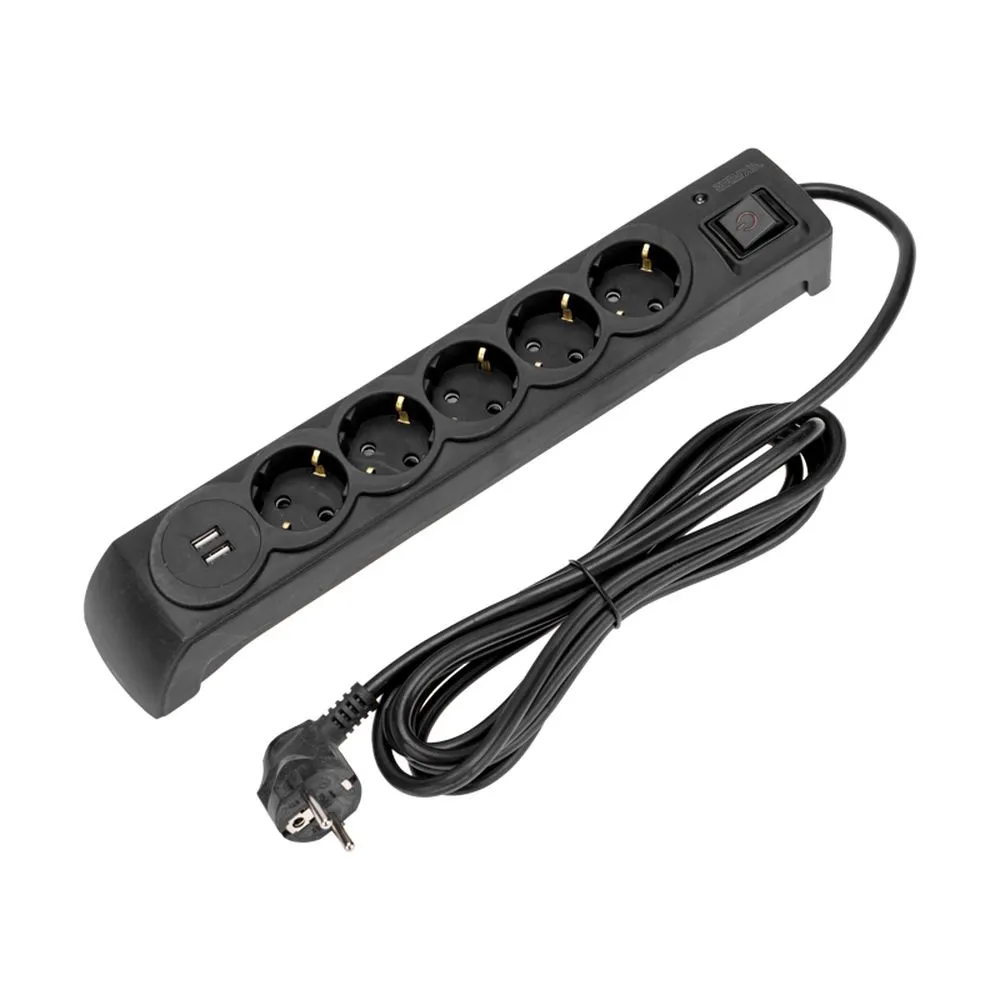 Фильтр сетевой 5 гнезд, 3м, 3х1,5мм, с автовыкл, 2 USB, черный Kranz 13-4702