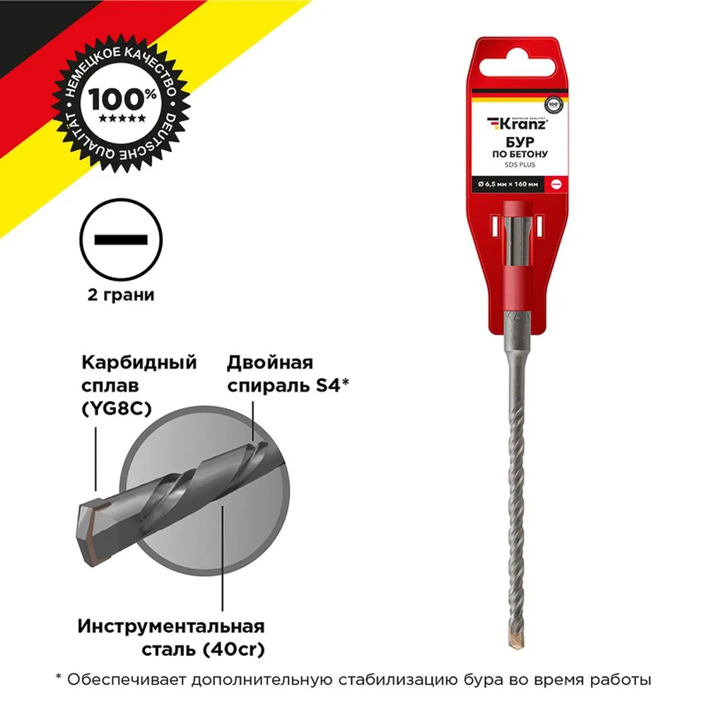 Бур по бетону 6,5x160x100 мм SDS PLUS Kranz KR-91-0009