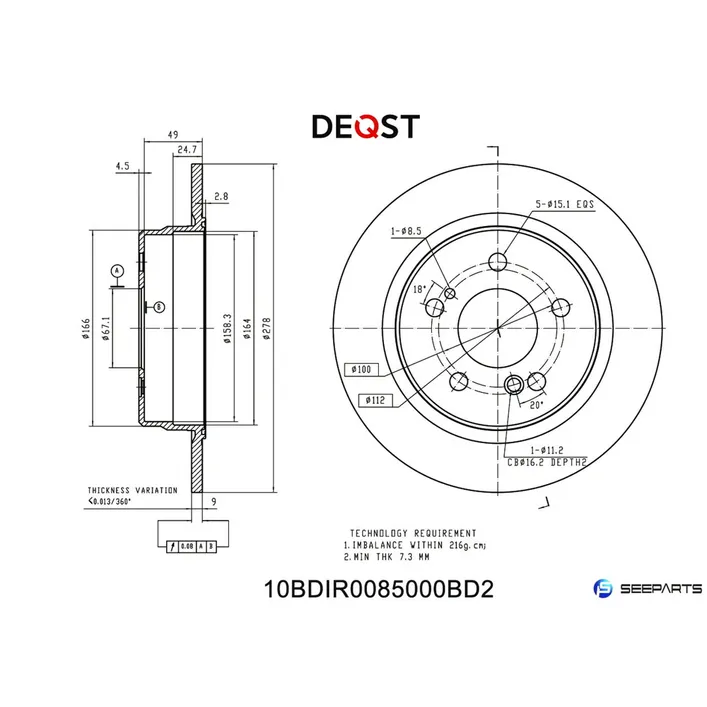 Диск тормозной, задний W202/W203/W124/W210/R170/R171 DEQST 10BDIR0085000