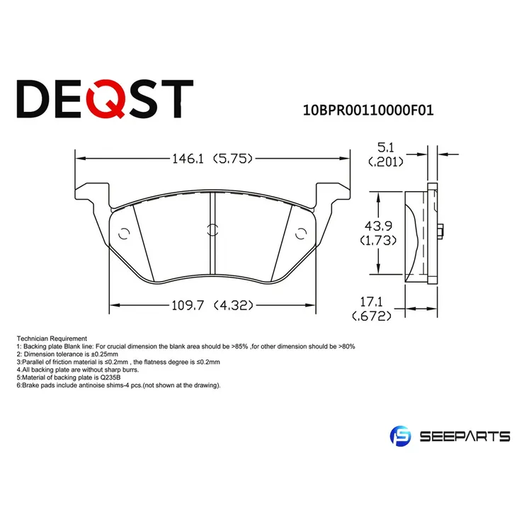 Колодки тормозные, FORD Maverick 2.0/2.3/3.0 01>, MAZDA Tribute 2.3/3 DEQST 10BPR00110000