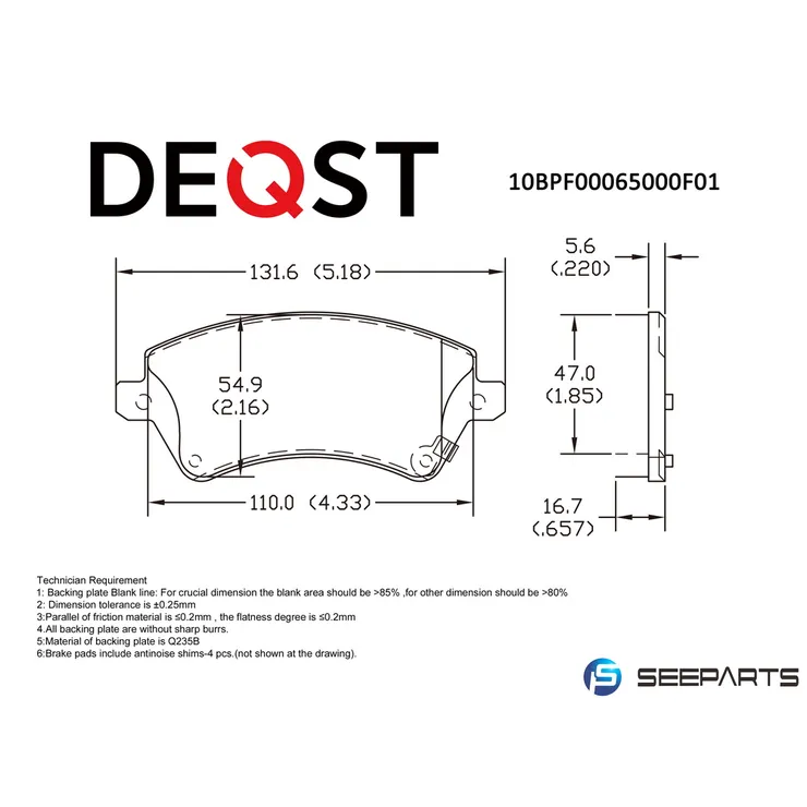 Колодки тормозные, передние TOYOTA COROLLA/PRIUS/YARIS 1.0-1.6 99- DEQST 10BPF00065000