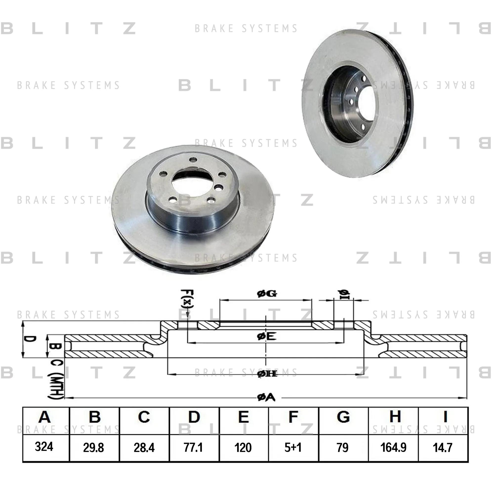 Диск тормозной передний вентилируемый BMW 5(E60,E61)/ 6(E63,E64) 03-> BLITZ BS0189