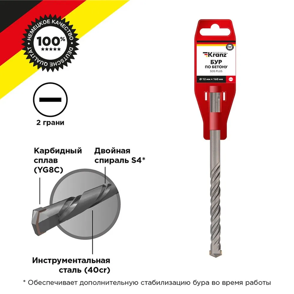 Бур по бетону 12x160x100 мм SDS PLUS Kranz KR-91-0014