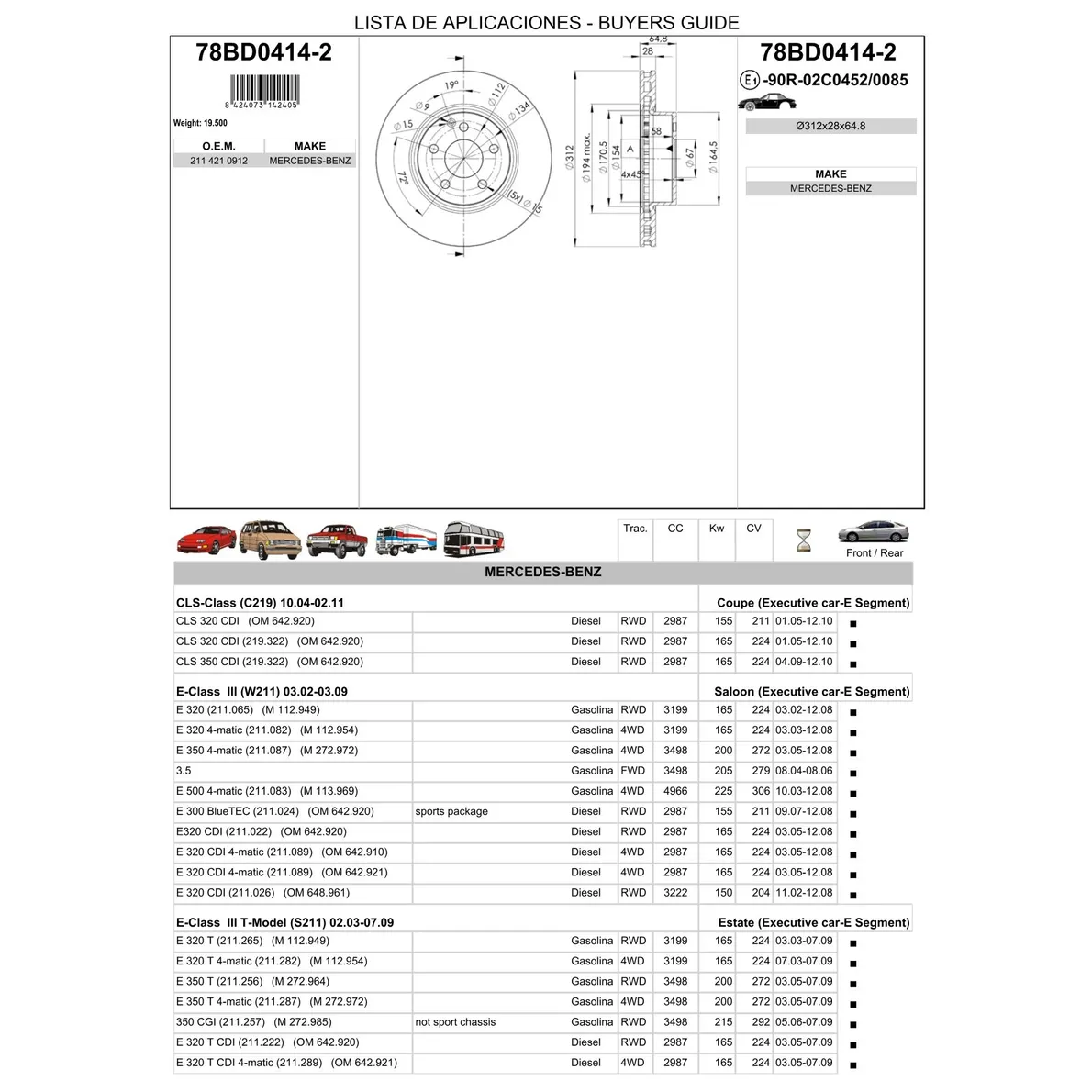 Диск тормозной передний MB CLS-C219 04-11 / E-W211/S211 02-09 ICER 78BD0414-2