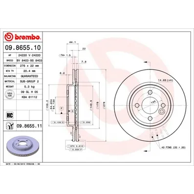 Диск тормозной передний MINI: MINI 01-, MINI кабрио 04- BREMBO 09.8655.10