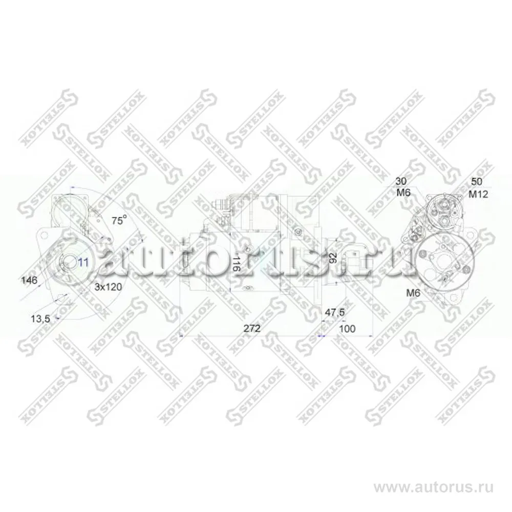 Стартер 24V 6.2kW z11 75вправо MB 24V 6.2kW 11T 75RH STELLOX 8802030_SX