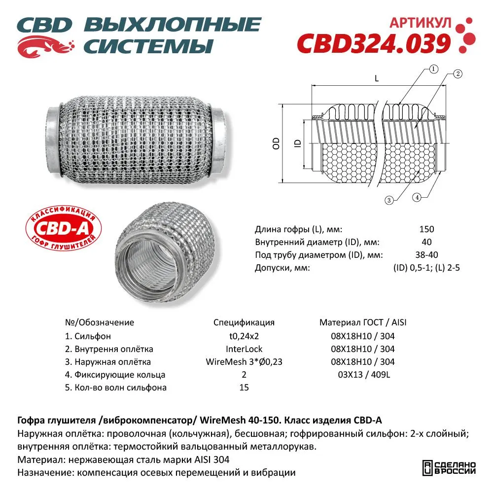 Гофра глушителя 3х-сл WIRE MESH 40-150. CBD324.039