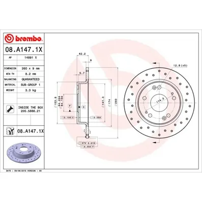 Диск тормозной задний перфорированный XTRA HONDA CIVIC VII 1.3 1.4 1.8 2.2CTDI 06 BREMBO 08.A147.1X