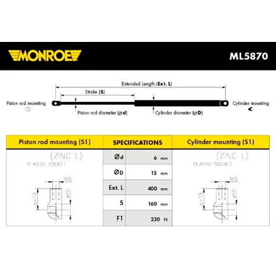 Амортизатор капота LAND ROVER Discovery III/IV/RR Sport 05-> MONROE ML5870