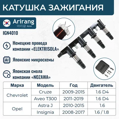 Катушка зажигания Chevrolet (Aveo T300/Cruze 09-) ARIRANG IGN4010