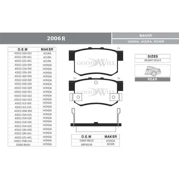 Колодки тормозные дисковые задние, комплект HONDA CIVIC GOODWILL 2006 R