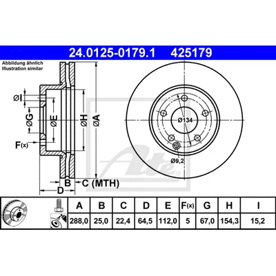 Диск тормозной передний MB W204 180C/180GDI/200CDI 07-> /VENT D=288MM ATE 24.0125-0179.1