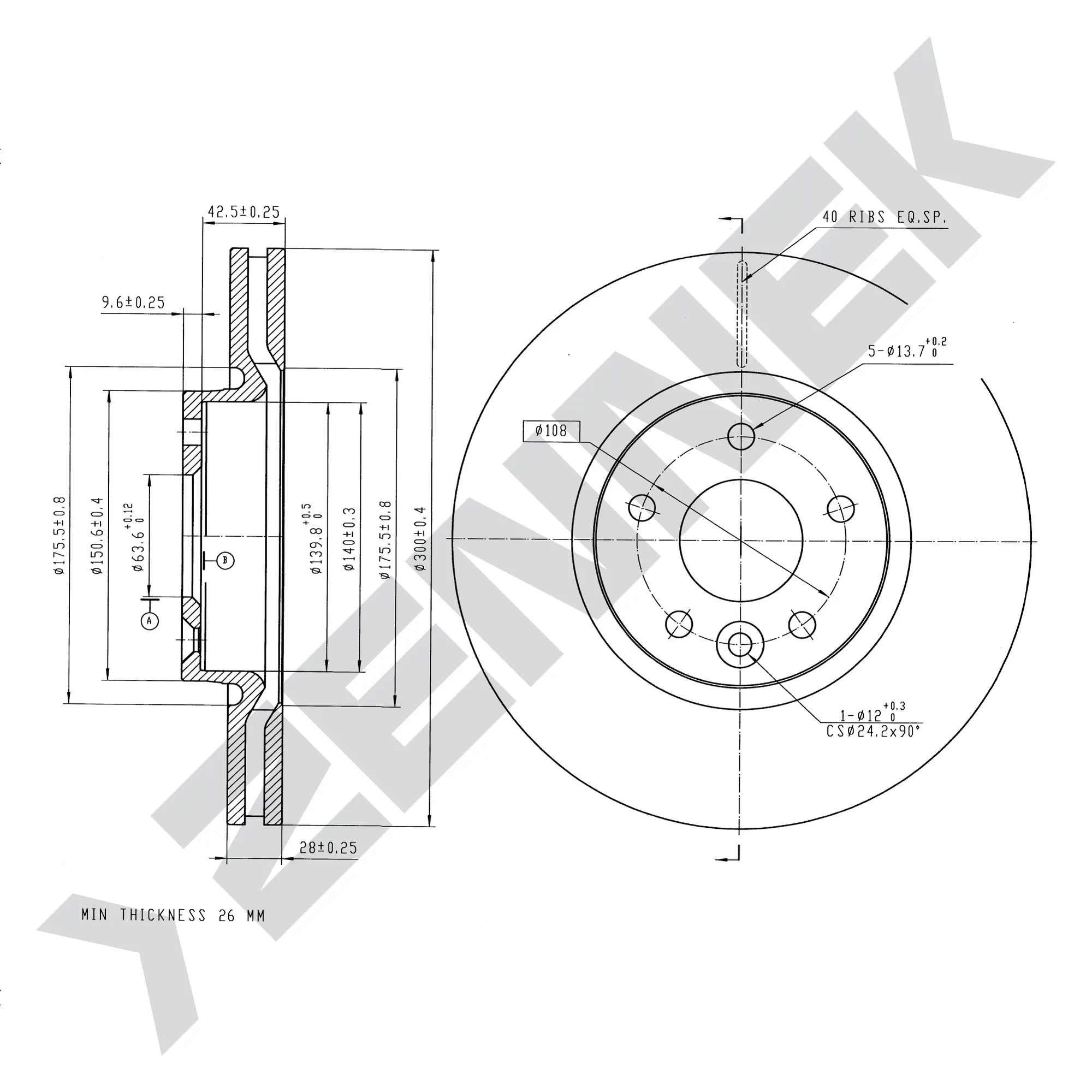 Диск тормозной передний FORD GALAXY 06-15, MONDEO 07-15 (2 шт) ZENNEK DBD0155