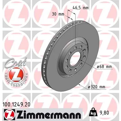 Диск тормозной передний ZIMMERMANN 100.1249.20