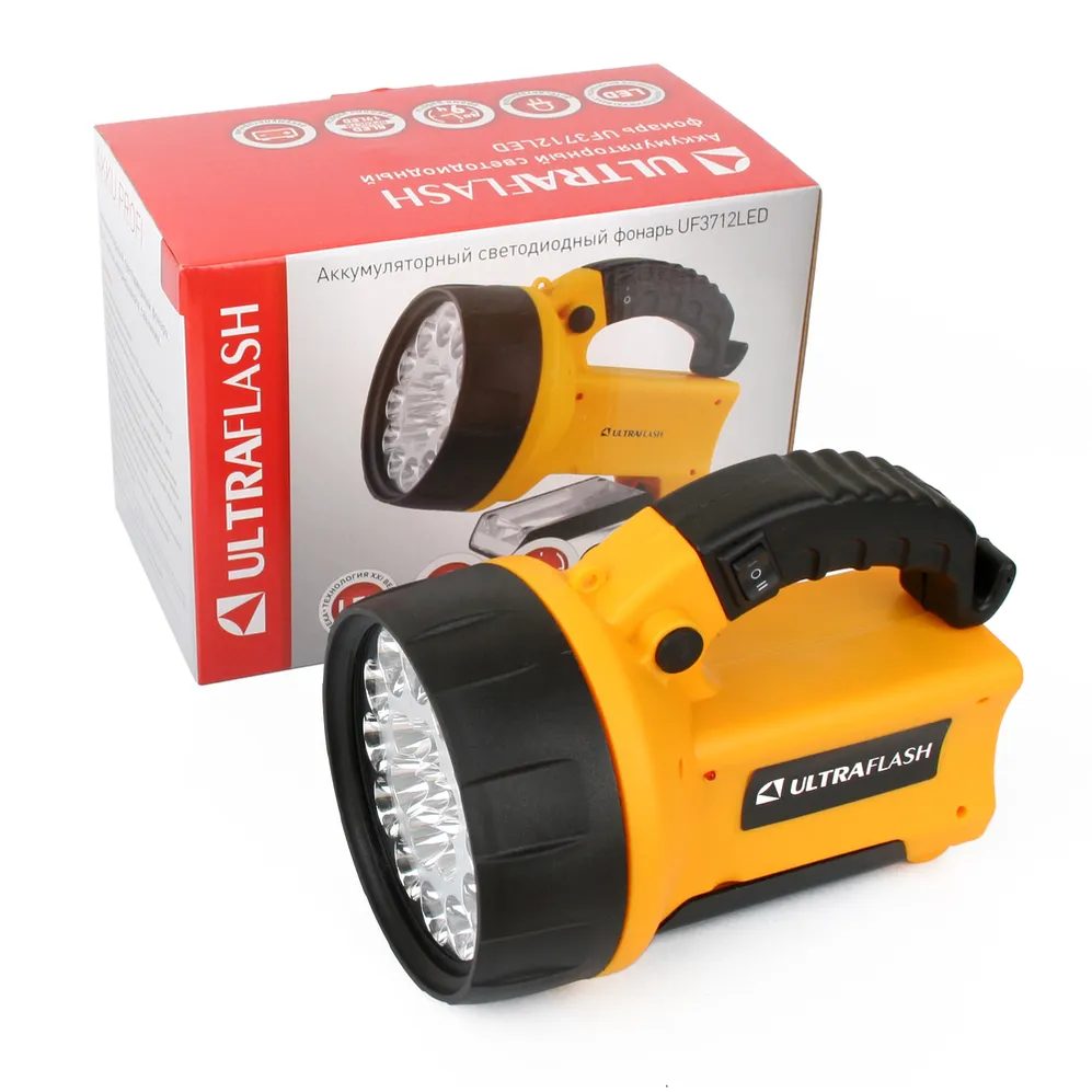 Фонарь аккум 220В/12В, желтый, 19 LED, 4В 2Ач, пластик, коробка ULTRAFLASH UF3712LED