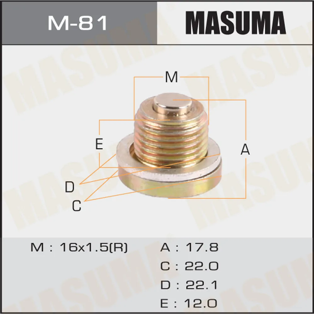 Болт маслосливной A/T С МАГНИТОМ (с шайбой) RENAULT 16x1.5(R) MASUMA M-81