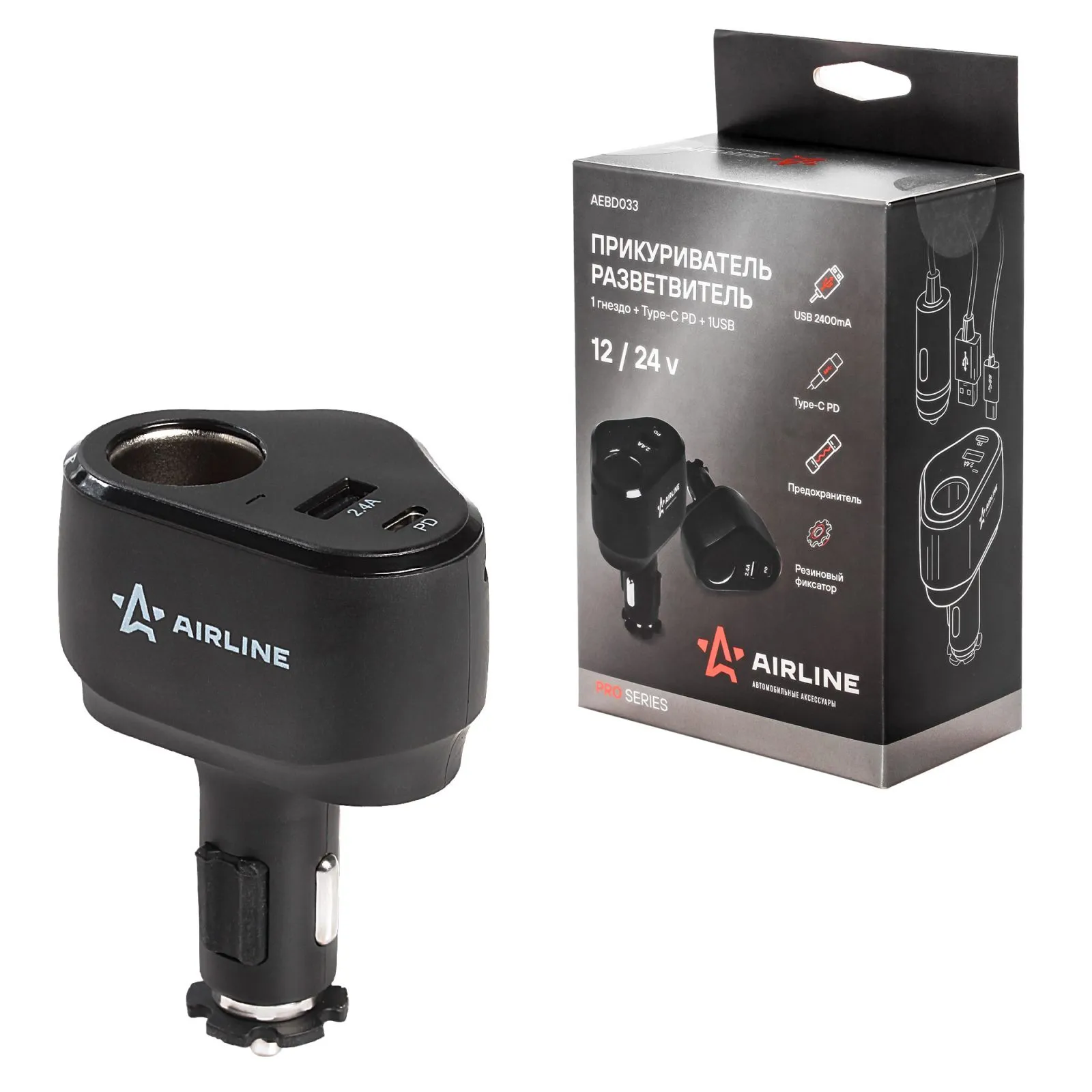 Разветвитель прикуривателя 1 гнездо + Type-C PD + 1USB 2.4A 30Вт PRO, , Max Вт AIRLINE AEBD033