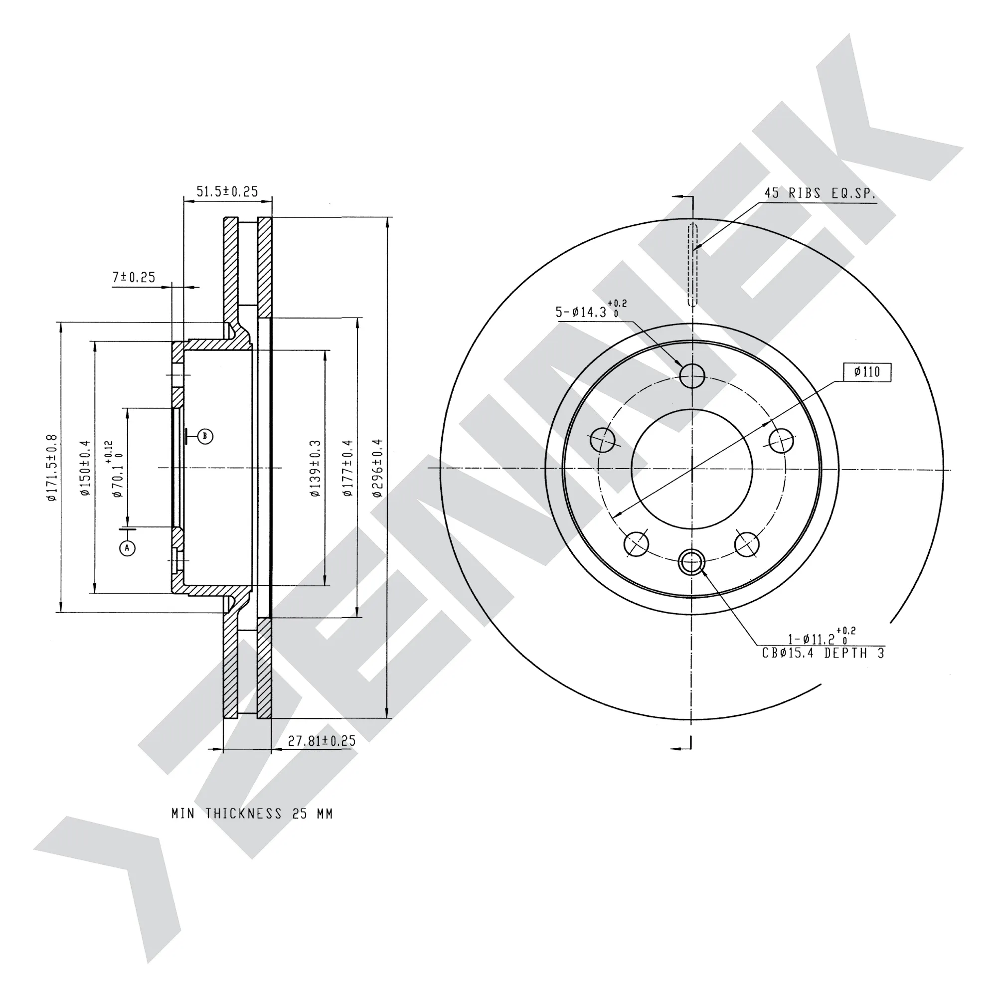 Диск тормозной передний OPEL OMEGA A 86-94, OMEGA B 94-05 (2 шт) ZENNEK DBD0090