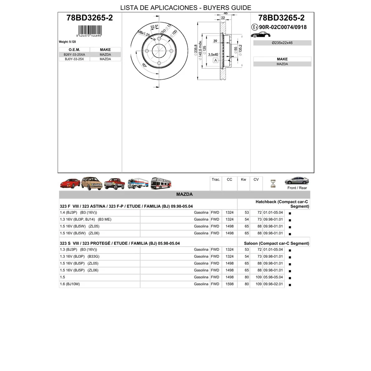 Диск тормозной передний MAZDA 323 ICER 78BD3265-2