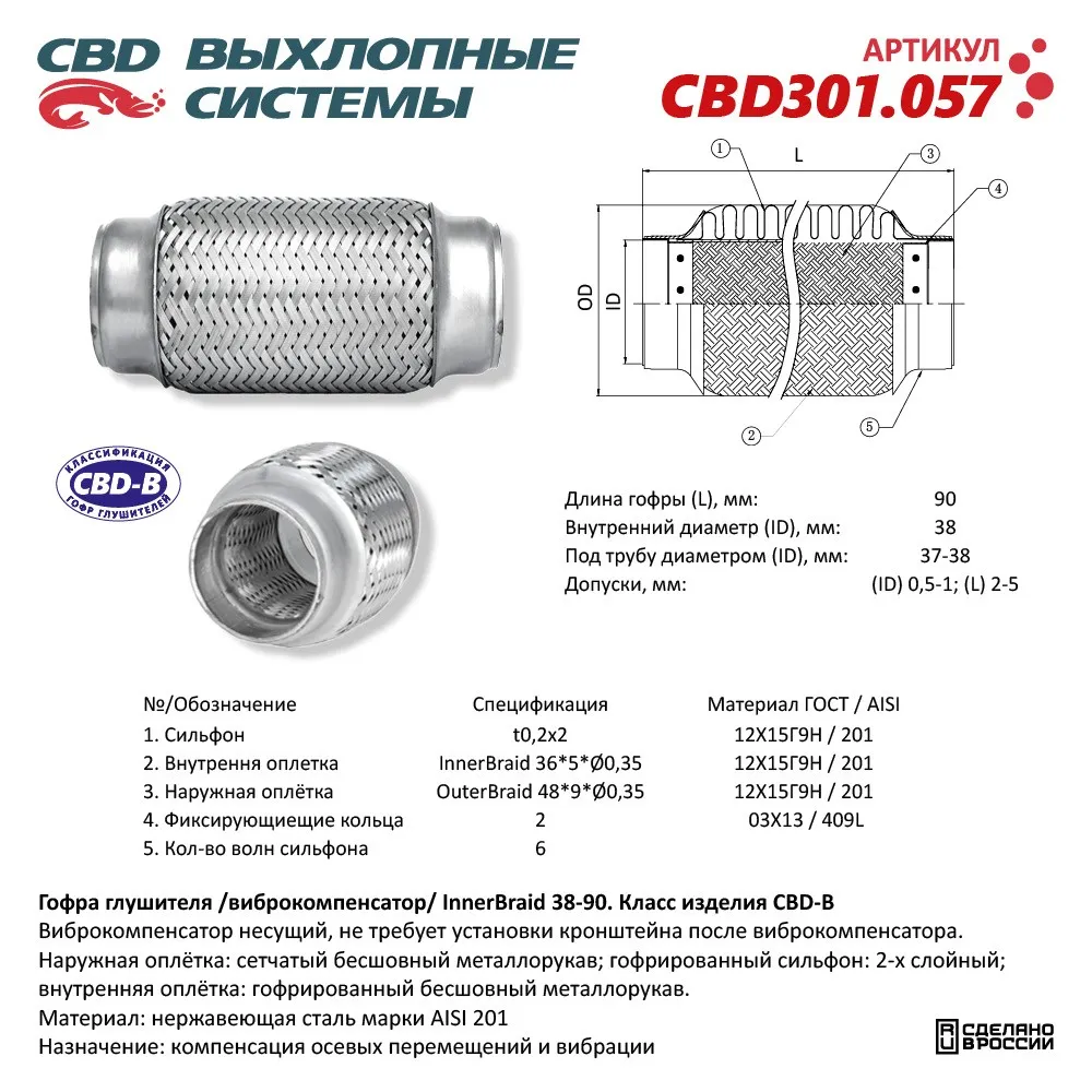 Гофра глушителя 3-слойная Innerbraid 38-90. CBD301.057 CBD301.057