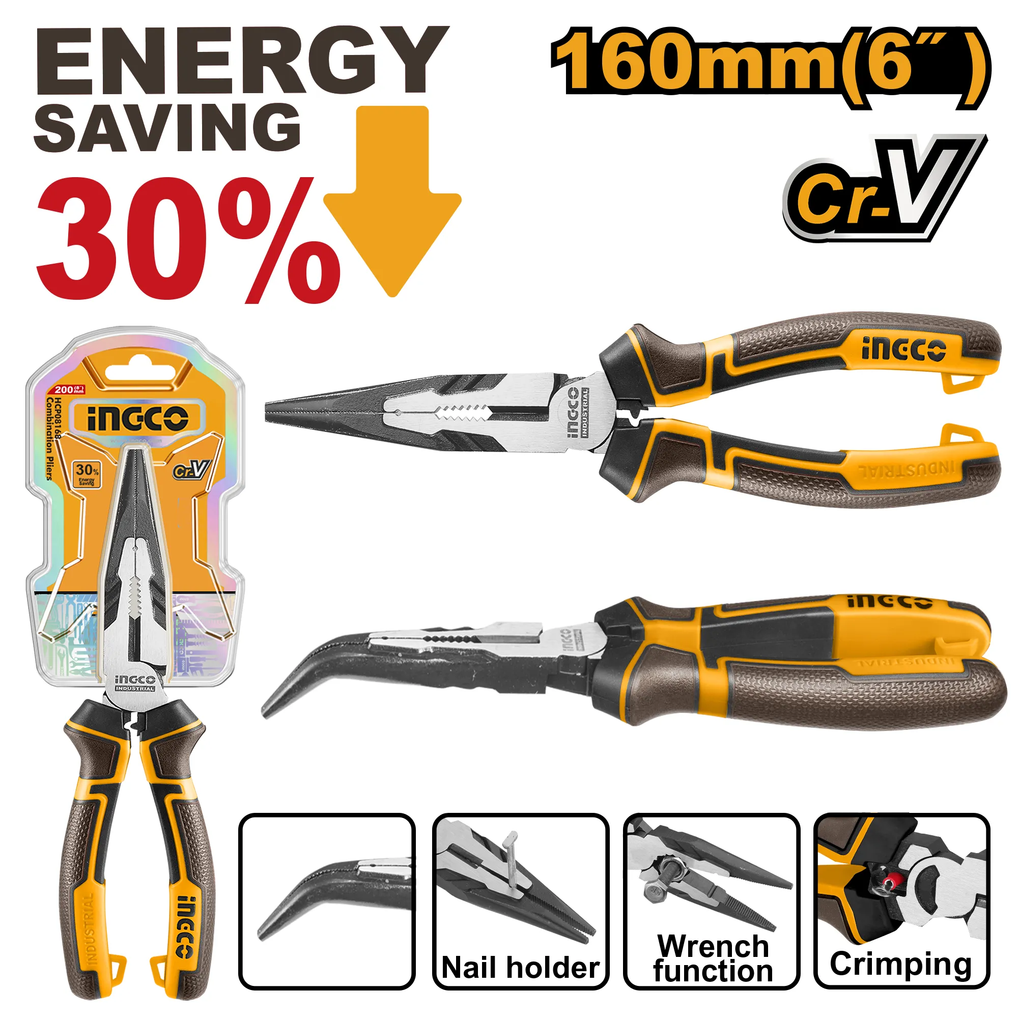 Тонкогубцы изогнутые 160 мм (6/36) INDUSTRIAL INGCO HHBNP28160