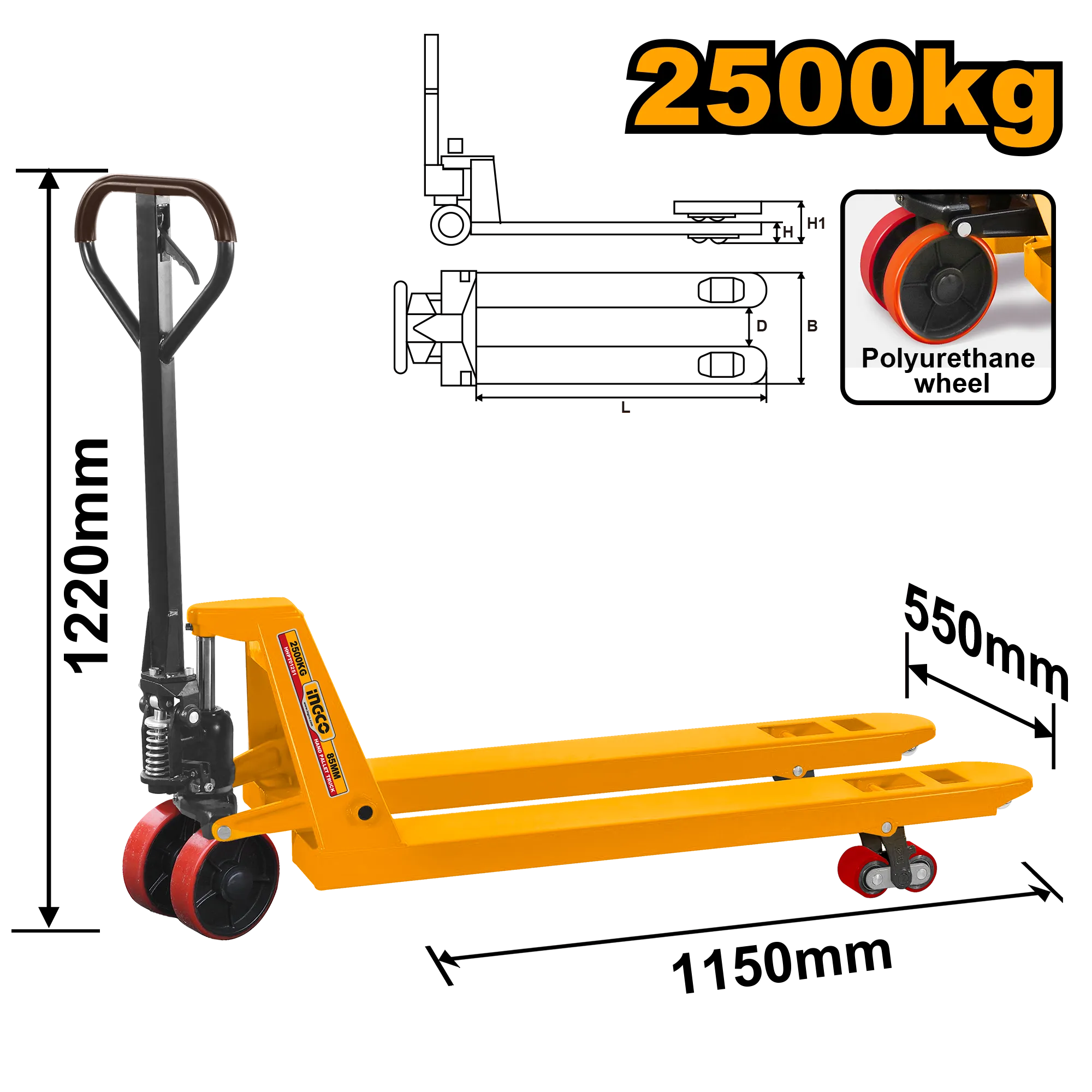 Тележка ручная гидравлическая 2500 кг INGCO HHPT01251