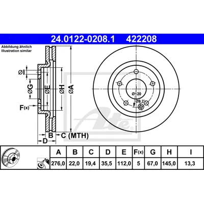 Диск тормозной передний MB MERCEDES W168 A190 ATE 24.0122-0208.1