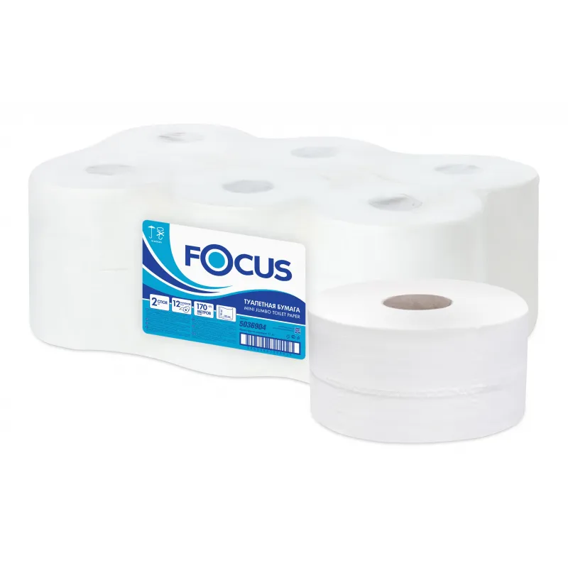 Бумага туалетная д/дисп Focus Mini Jumbo 2сл бел цел 170м 12рул/уп 5036904 1418104