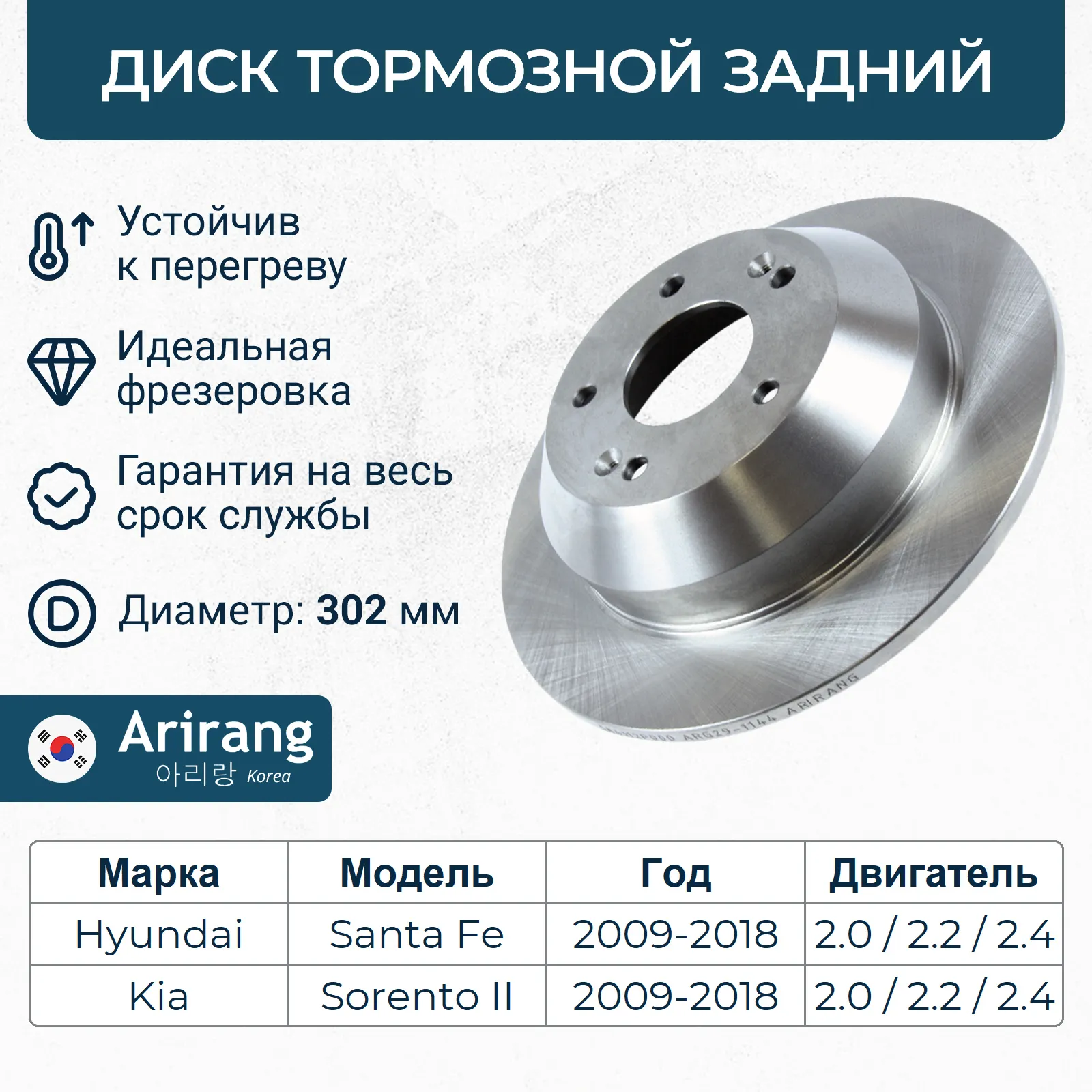Диск тормозной задний D302MM HYUNDAI SANTA FE 09-12 12-15 KIA SORENTO 09-19 ARIRANG ARG291144