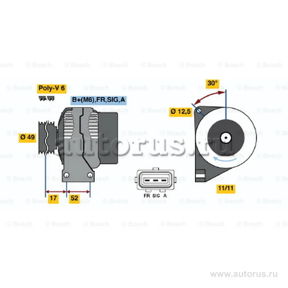 Генератор !90A/ Ford Fiesta/Fusion, Mazda 2 1.25-1.6i 01> BOSCH 0 986 049 121