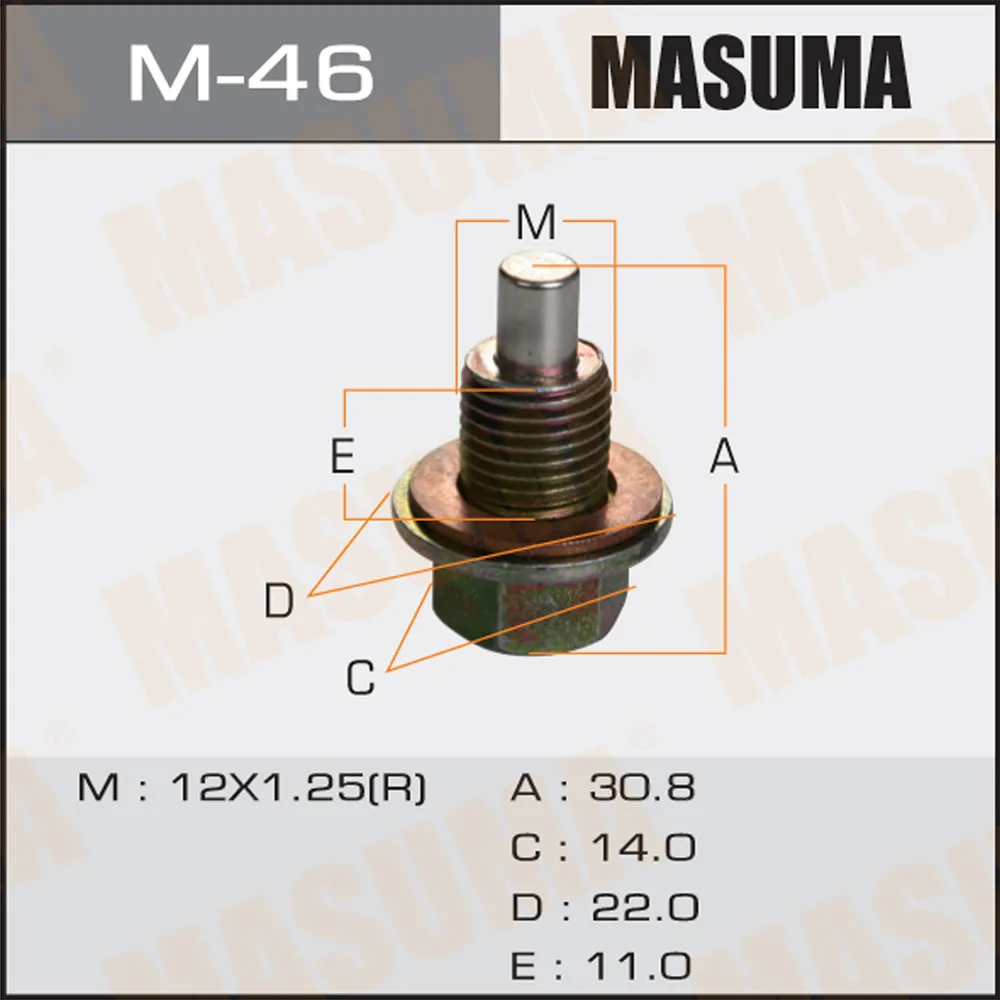 Болт маслосливной С МАГНИТОМ (с шайбой) Nissan 12х1.25mm VG33,VQ35,QG18, SR16, YD22 MASUMA M-46