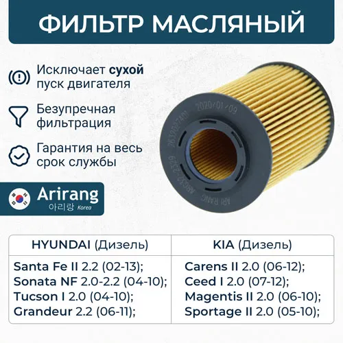 Фильтр масляный (картридж) Hyundai (Sonata 06-, I30 07-). Kia (Ceed 06-, Spor ARIRANG ARG322329