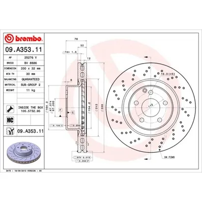 Диск тормозной MERCEDES-BENZ S-CLASS 98-06, BREMBO 09A35311