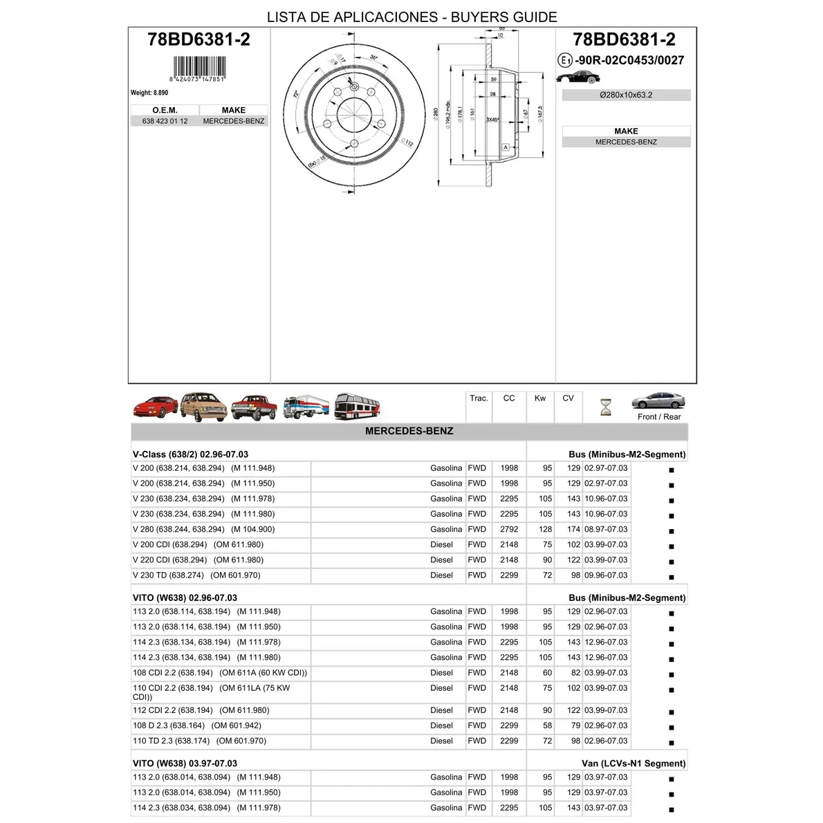 Диск тормозной задний MB VITO (W638) 97-03 /D=280MM ICER 78BD6381-2