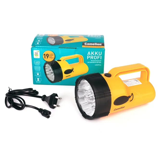 Фонарь аккумулятоный 220В, желтый, 19 LED, 4В 2,3Ач, пластик, коробка LED29314 Camelion 10471