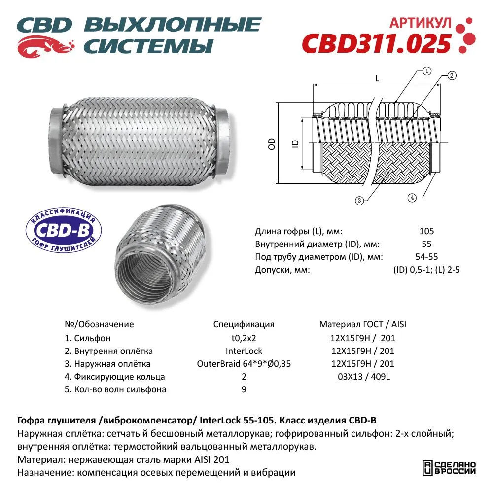 Гофра глушителя 3х-сл InterLock 55-105. CBD311.025