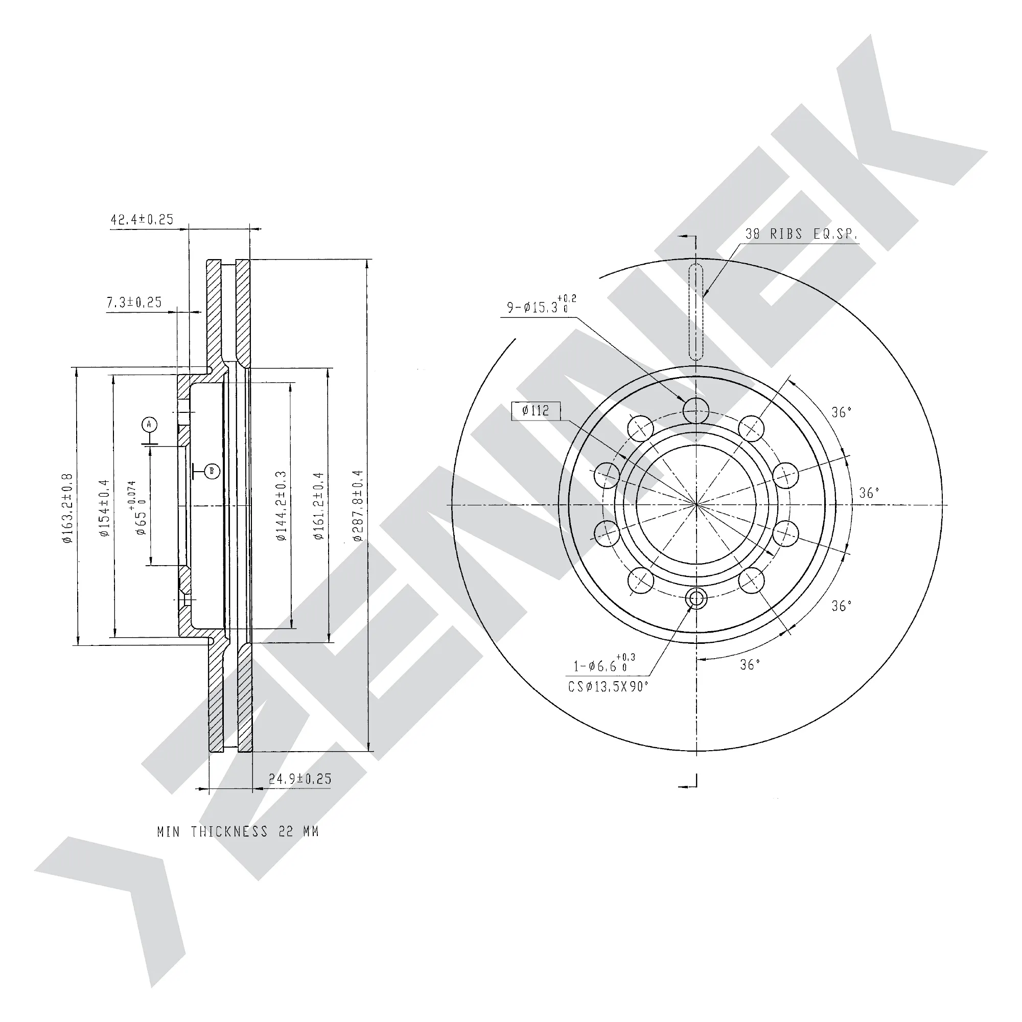 Диск тормозной передний AUDI A1/A3 10-, VW JETTA 19-(2 шт) ZENNEK DBD0029