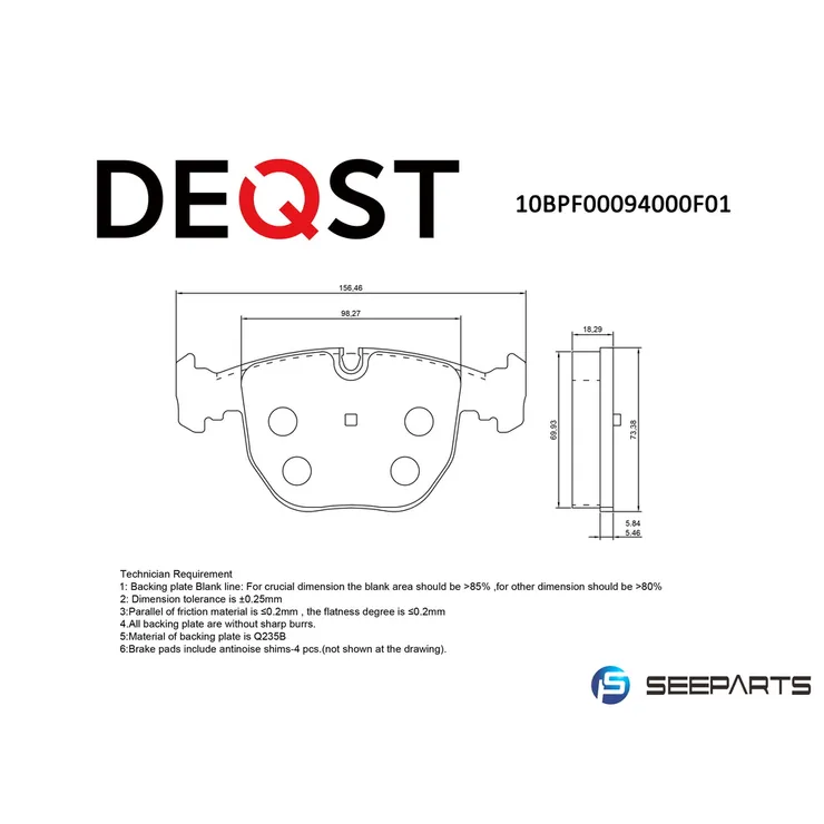 Колодки тормозные, передн, BMW 5 (E39) 95-, BMW 7 (E38) 94-, BMW X3 (E83) 03- DEQST 10BPF00094000