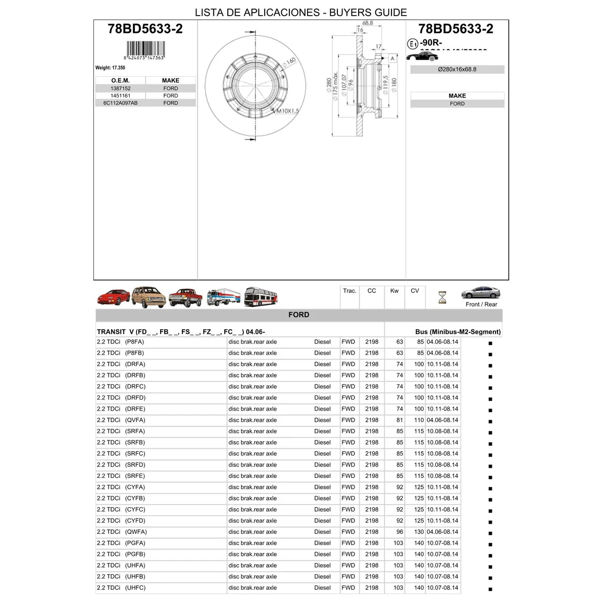 Диск тормозной задний FORD TRANSIT 2006-> /D=280MM ICER 78BD5633-2