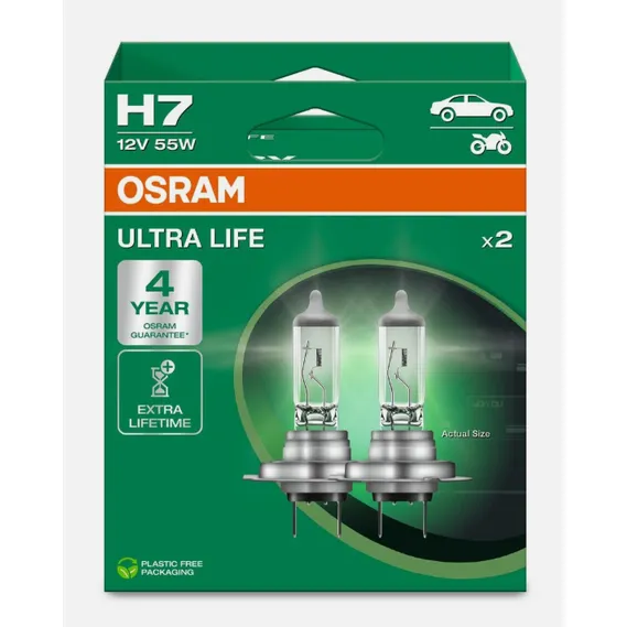 Автомобильная галогенная лампа OSRAM H7 12V 55W 1500lm PX26d 3200К ULTRA LIFE (комплект 2 шт) 64210ULT-2HB