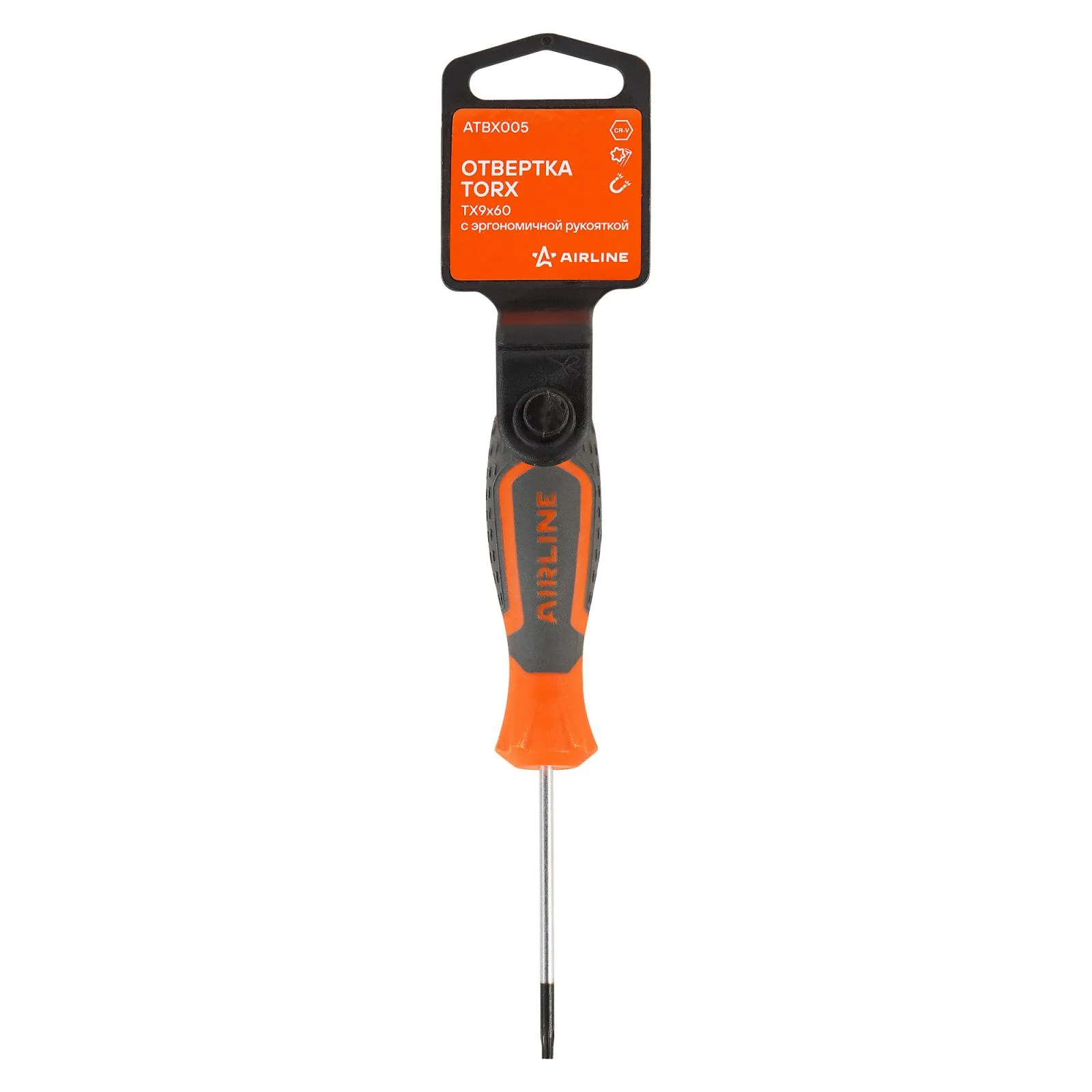 Отвертка TORX TX9x60 с эргономичной рукояткой магнитная, пласт.подвес AIRLINE ATBX005