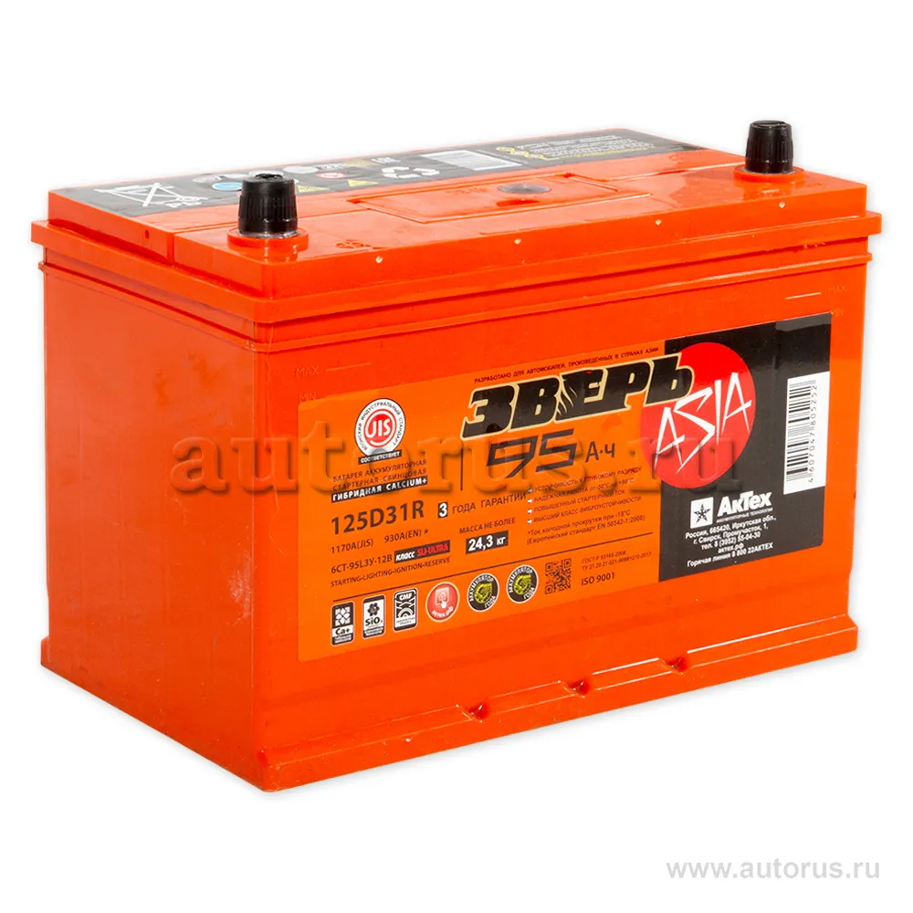 Аккумулятор ЗВЕРЬ ASIA 95 А/ч обратная R+ 306x175x225 EN930 А