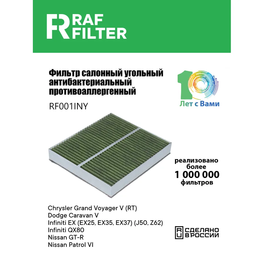 Фильтр салона угольный антибактериальный противоаллергенный RAF FILTER RF001INY