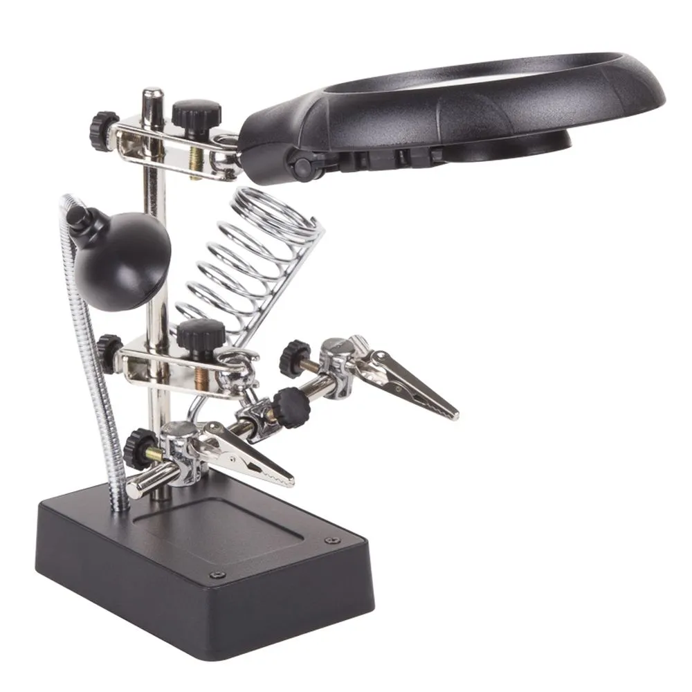 Держатель «Третья рука» , 2 зажима, лупа 90 мм + 2x34 мм, подставка паяльника, LED подсветка REXANT 12-0250