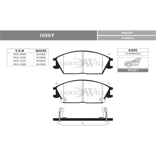 Колодки тормозные дисковые передние, комплект HYUNDAI Accent GOODWILL 1050 F