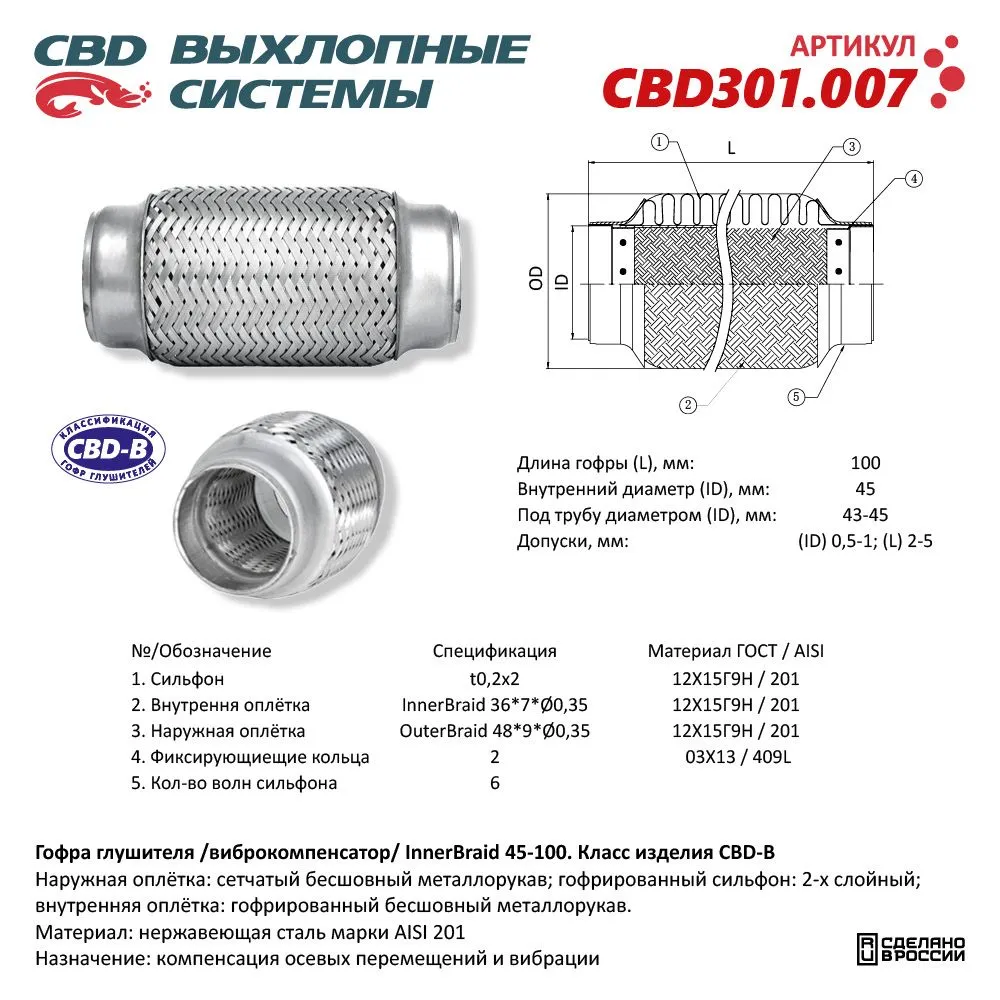 Гофра глушителя 3-сл Innerbraid 45-100. CBD301.007