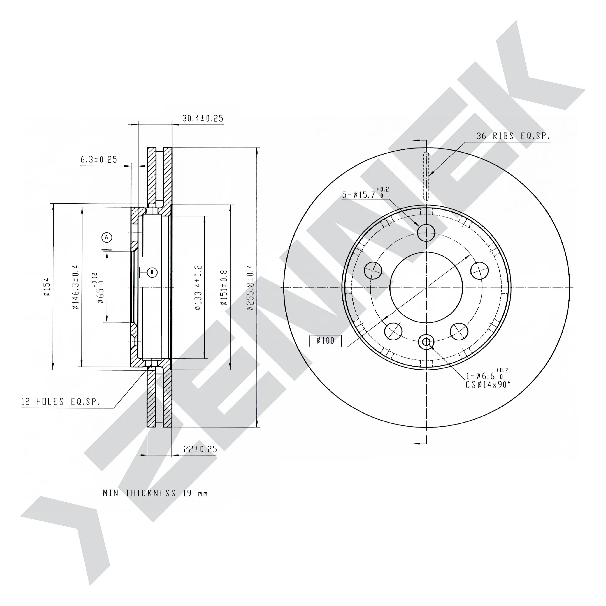 Диск тормозной передний AUDI A3 96-03, SKODA FABIA 07-14 (2 шт) ZENNEK DBD0003