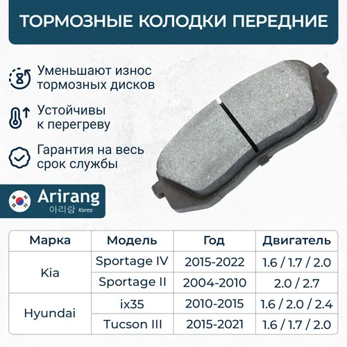 Колодки дискового тормоза перед. Hyundai (Sonata, Tucson 09-, 13-,18-, IX35 R17 09 ARIRANG ARG281049