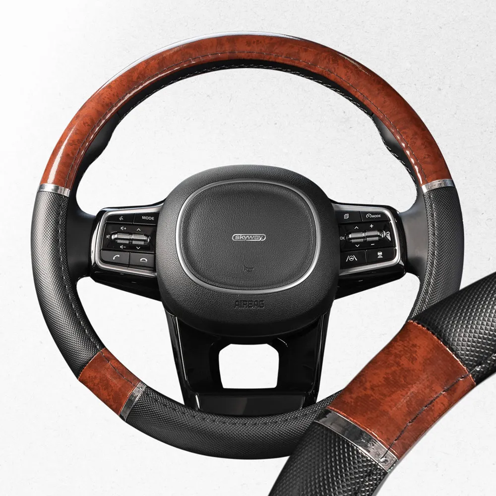 Оплетка руля SKYWAY кожаная Черно/Коричневая дерево, хром ECO (M) SKYWAY S01102058